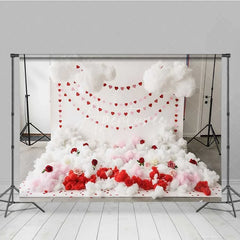Aperturee - Aperturee Valentine’s Day Cloud Heart Garland Photography Backdrop White Fluffy Clouds Red Roses Photo Background Cupid Love