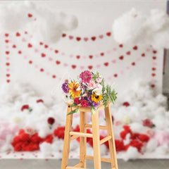 Aperturee - Aperturee Valentine’s Day Cloud Heart Garland Photography Backdrop White Fluffy Clouds Red Roses Photo Background Cupid Love
