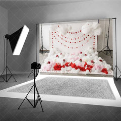 Aperturee - Aperturee Valentine’s Day Cloud Heart Garland Photography Backdrop White Fluffy Clouds Red Roses Photo Background Cupid Love