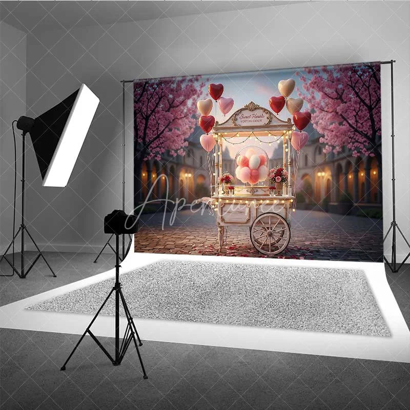 Aperturee - Aperturee Valentine’s Day Cotton Candy Cart Photography Backdrop Pink Heart Balloons Street Photo Background Sweet City Prop