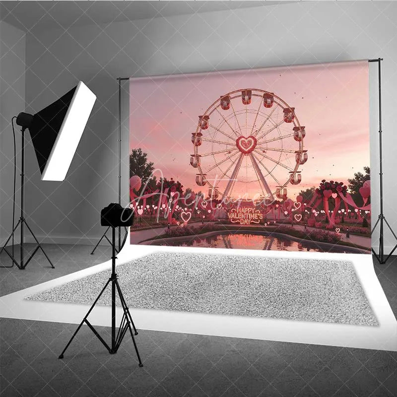 Aperturee - Aperturee Valentine’s Day Ferris Wheel Photography Backdrop Pink Sunset Amusement Park Photo Background Romantic Love Date Prop
