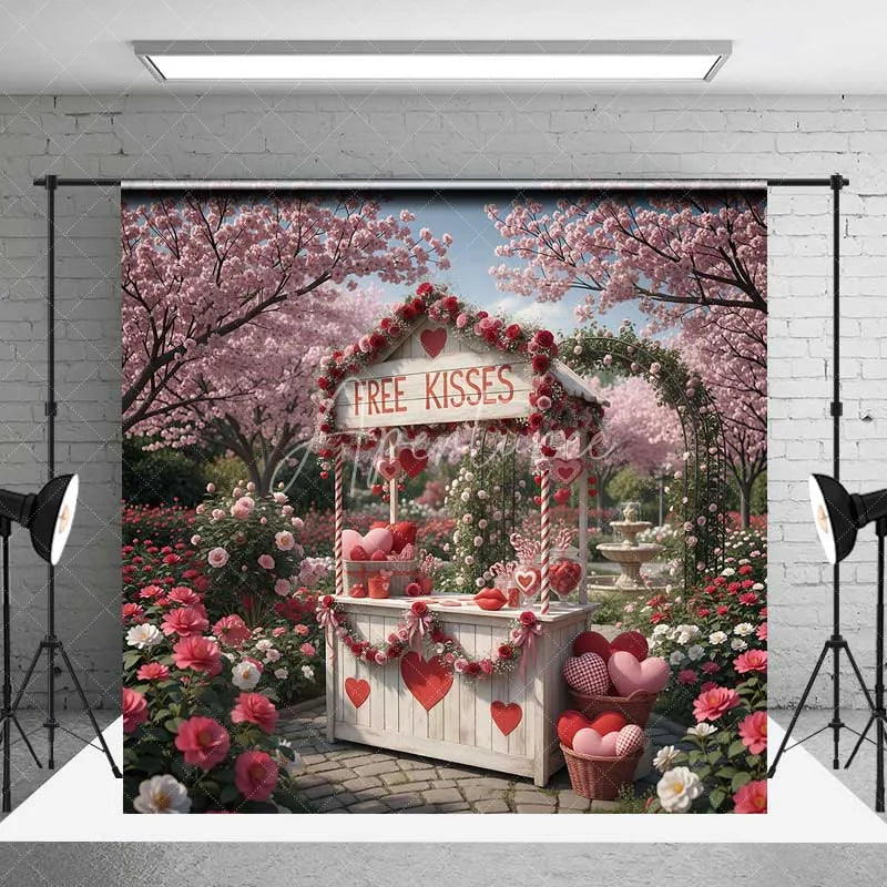 Aperturee - Aperturee Valentine’s Day Free Kisses Booth Photography Backdrop Pink Cherry Blossom Garden Photo Prop Romantic Outdoor Decor