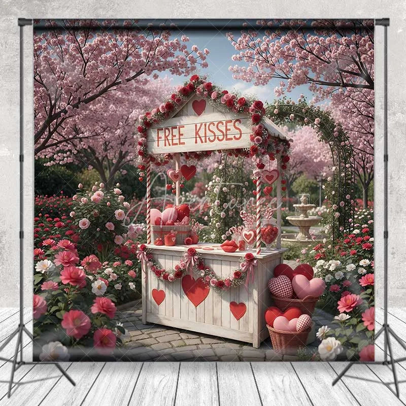 Aperturee - Aperturee Valentine’s Day Free Kisses Booth Photography Backdrop Pink Cherry Blossom Garden Photo Prop Romantic Outdoor Decor