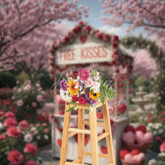 Aperturee - Aperturee Valentine’s Day Free Kisses Booth Photography Backdrop Pink Cherry Blossom Garden Photo Prop Romantic Outdoor Decor