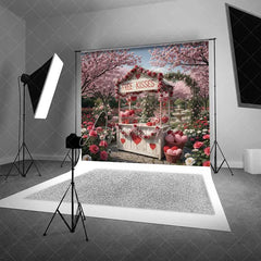 Aperturee - Aperturee Valentine’s Day Free Kisses Booth Photography Backdrop Pink Cherry Blossom Garden Photo Prop Romantic Outdoor Decor