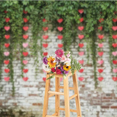 Aperturee - Aperturee Valentine’s Day Hanging Hearts Photography Backdrop Green Leaves White Brick Wall Photo Prop Rustic Love Decor