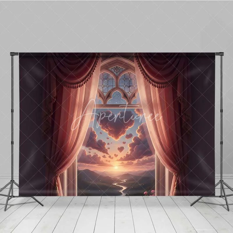 Aperturee - Aperturee Valentine’s Day Heart Cloud Window Photography Backdrop Pink Curtains Fantasy Sky Photo Background Dreamy View Prop