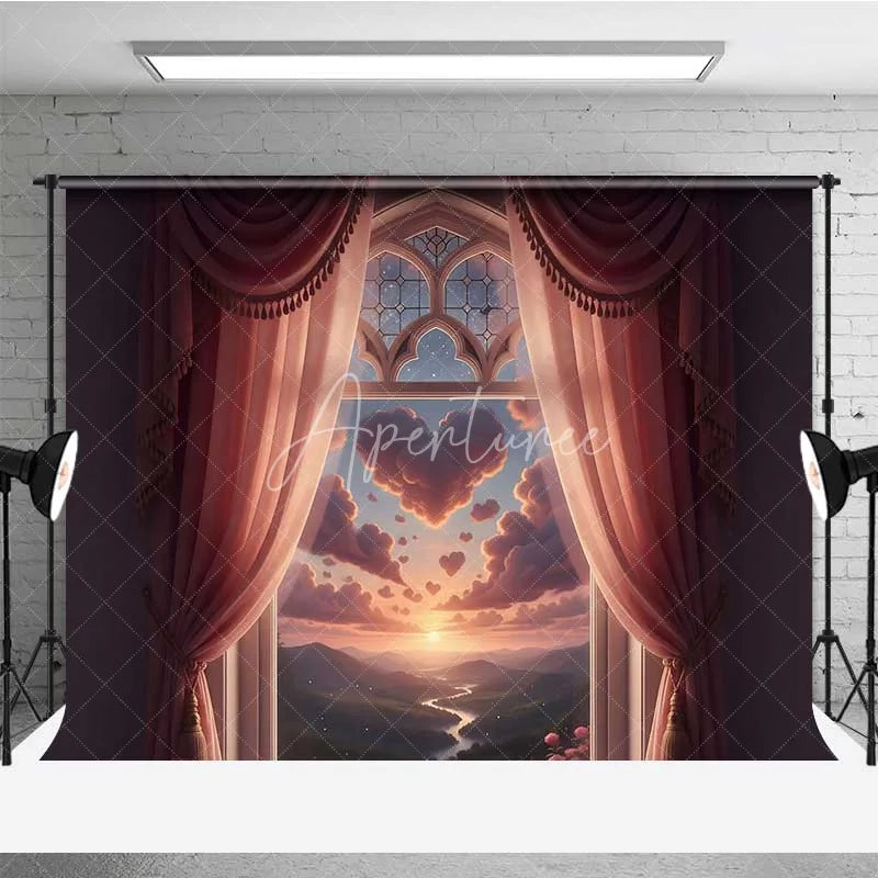 Aperturee - Aperturee Valentine’s Day Heart Cloud Window Photography Backdrop Pink Curtains Fantasy Sky Photo Background Dreamy View Prop