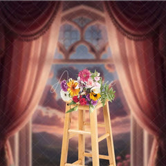 Aperturee - Aperturee Valentine’s Day Heart Cloud Window Photography Backdrop Pink Curtains Fantasy Sky Photo Background Dreamy View Prop