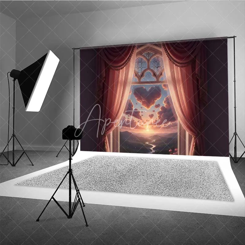 Aperturee - Aperturee Valentine’s Day Heart Cloud Window Photography Backdrop Pink Curtains Fantasy Sky Photo Background Dreamy View Prop