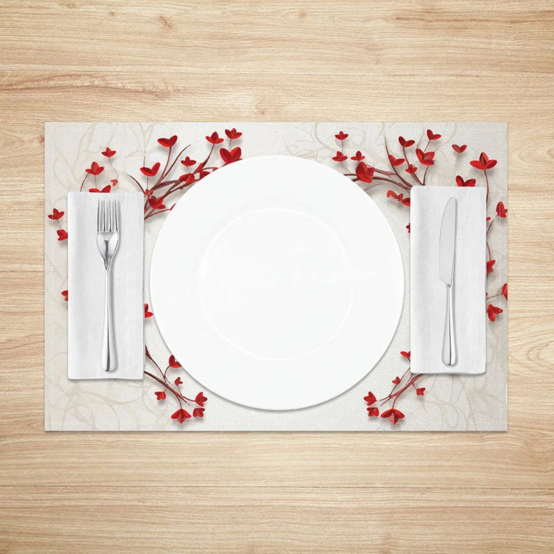 Aperturee - Aperturee Valentines Day Heart Vine Set of 4 Placemats Romantic Red Leaf Heart Table Mats for Anniversary Wedding Decor