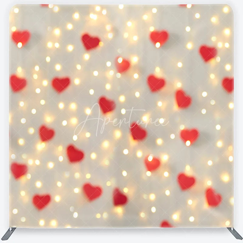 Aperturee - Aperturee Valentines Day Hearts Tension Fabric Backdrop Romantic Red Hearts and Bokeh Lights Background Love Celebration Decor