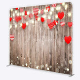 Aperturee - Aperturee Valentines Day Hearts Tension Fabric Backdrop Rustic Wood and Fairy Lights Party Decoration