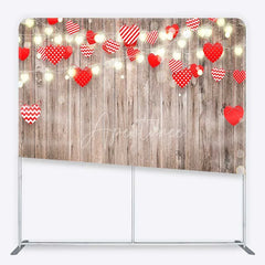 Aperturee - Aperturee Valentines Day Hearts Tension Fabric Backdrop Rustic Wood and Fairy Lights Party Decoration