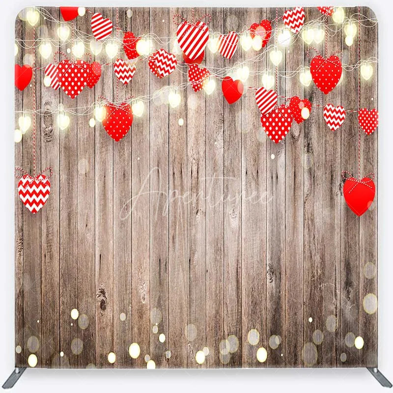 Aperturee - Aperturee Valentines Day Hearts Tension Fabric Backdrop Rustic Wood and Fairy Lights Party Decoration