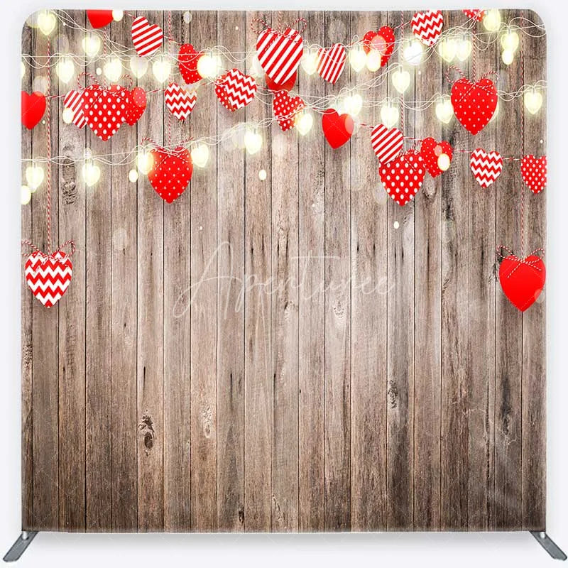 Aperturee - Aperturee Valentines Day Hearts Tension Fabric Backdrop Rustic Wooden Fairy Lights Party Decor