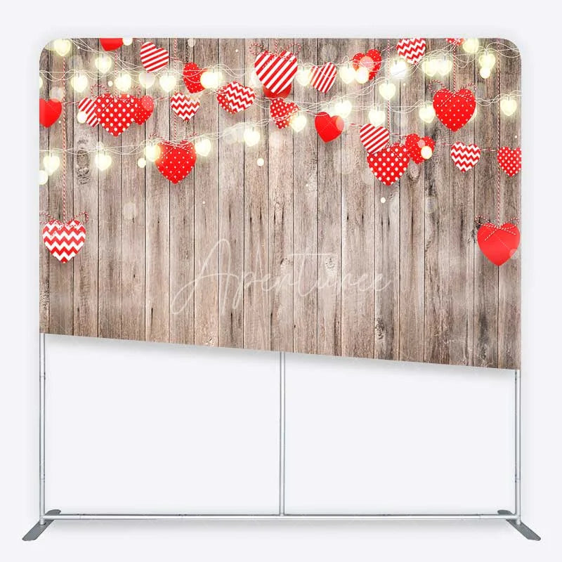 Aperturee - Aperturee Valentines Day Hearts Tension Fabric Backdrop Rustic Wooden Fairy Lights Party Decor