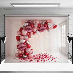 Aperturee - Aperturee Valentine’s Day Kiss Lips Balloon Arch Photography Backdrop Red Pink Silver Hearts Photo Background Romantic Party