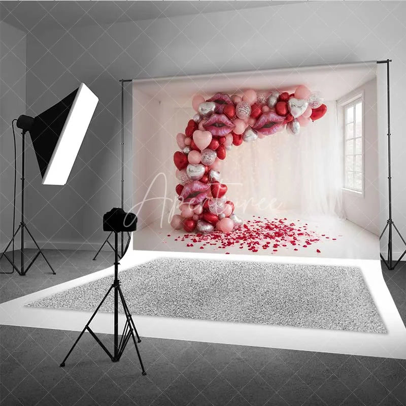 Aperturee - Aperturee Valentine’s Day Kiss Lips Balloon Arch Photography Backdrop Red Pink Silver Hearts Photo Background Romantic Party