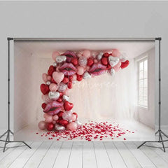 Aperturee - Aperturee Valentine’s Day Kiss Lips Balloon Arch Photography Backdrop Red Pink Silver Hearts Photo Background Romantic Party