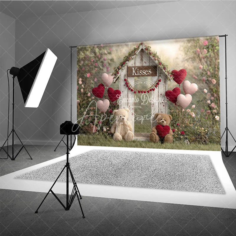 Aperturee - Aperturee Valentines Day Kisses Booth Backdrop Rustic Wood Shed with Teddy Bears and Heart Balloons