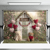 Aperturee - Aperturee Valentines Day Kisses Booth Backdrop Rustic Wood Shed with Teddy Bears and Heart Balloons