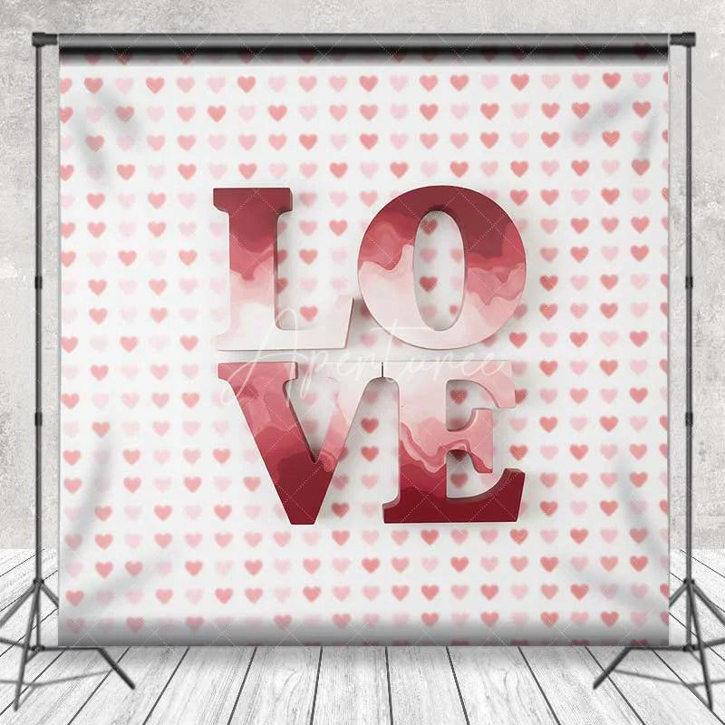Aperturee - Aperturee Valentine’s Day Love Word Backdrop Red Pink Heart Pattern Photography Background Romantic Sweet Photo Prop