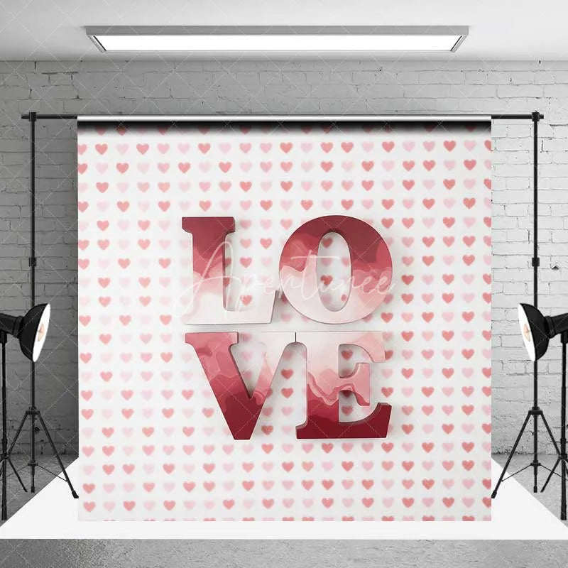 Aperturee - Aperturee Valentine’s Day Love Word Backdrop Red Pink Heart Pattern Photography Background Romantic Sweet Photo Prop