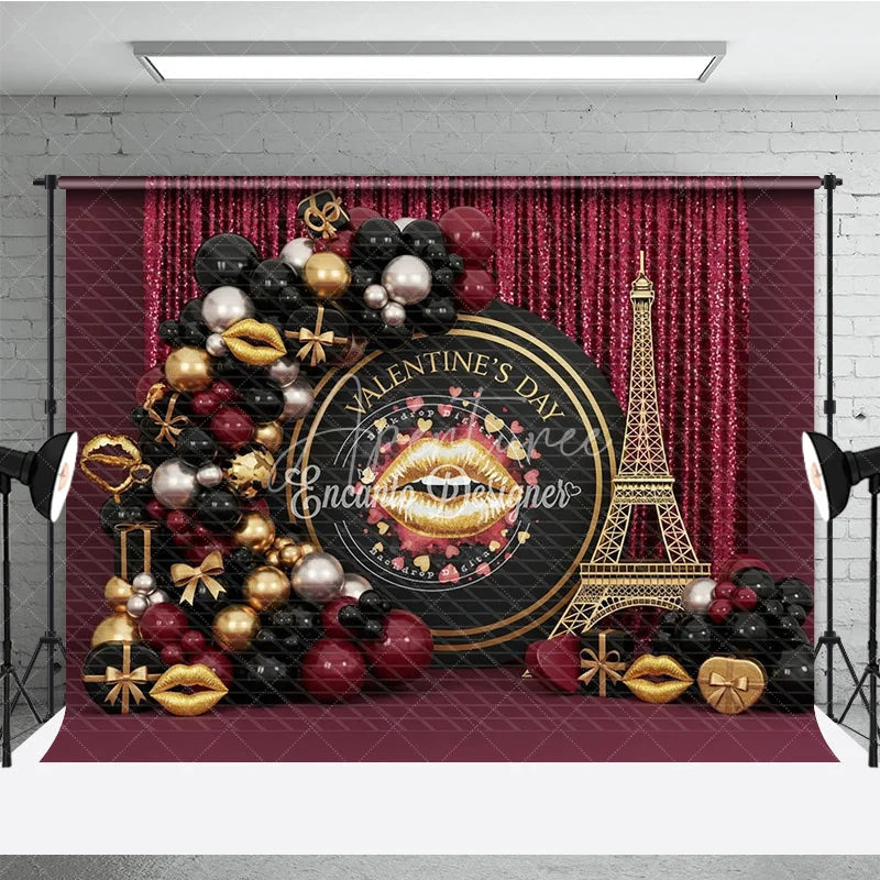 Aperturee - Aperturee Valentine’s Day Photography Backdrop Black Gold Eiffel Tower Lip Background Luxury Romantic Photo Prop