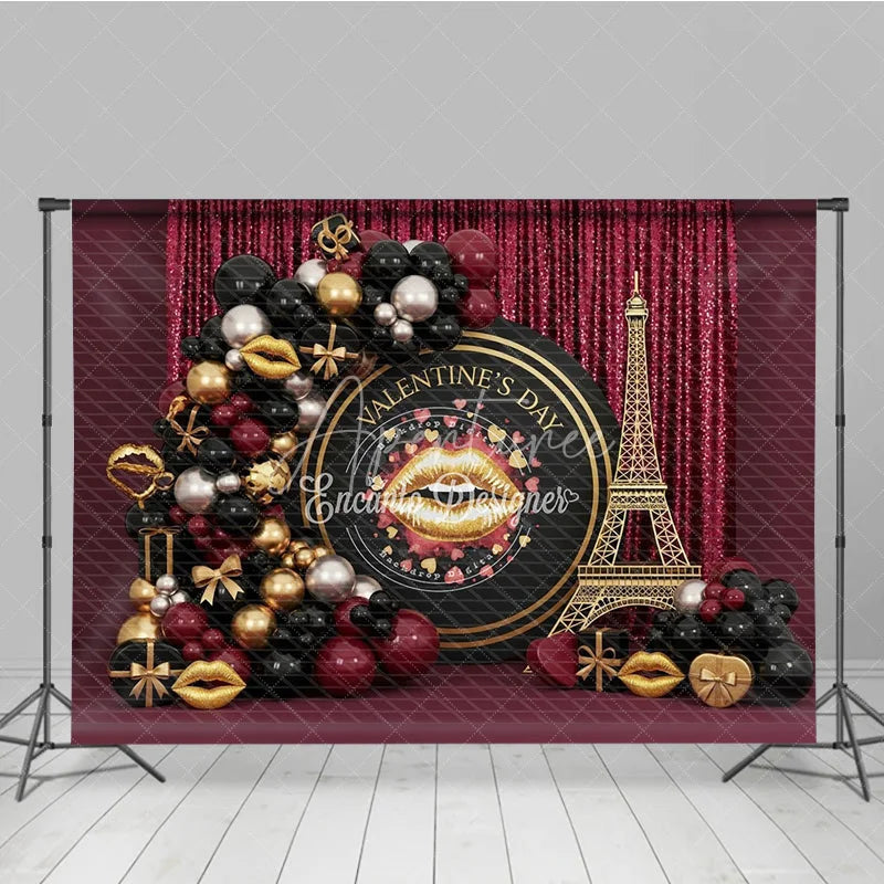 Aperturee - Aperturee Valentine’s Day Photography Backdrop Black Gold Eiffel Tower Lip Background Luxury Romantic Photo Prop