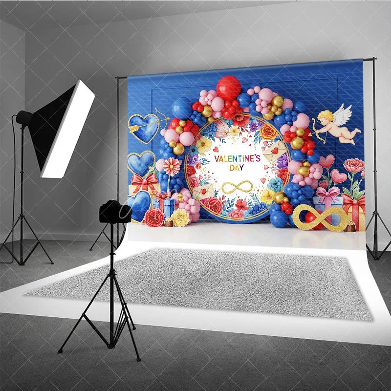 Aperturee - Aperturee Valentine’s Day Photography Backdrop Cupid Angel Blue Balloon Arch Background Floral Love Photo Prop
