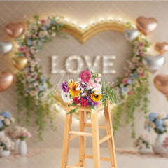 Aperturee - Aperturee Valentine’s Day Photography Backdrop Gold Heart Frame Marquee Light Background Floral Love Photo Prop