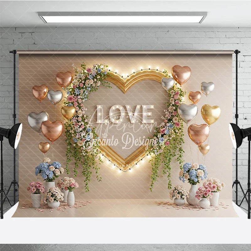 Aperturee - Aperturee Valentine’s Day Photography Backdrop Gold Heart Frame Marquee Light Background Floral Love Photo Prop