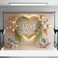 Aperturee - Aperturee Valentine’s Day Photography Backdrop Gold Heart Frame Marquee Light Background Floral Love Photo Prop