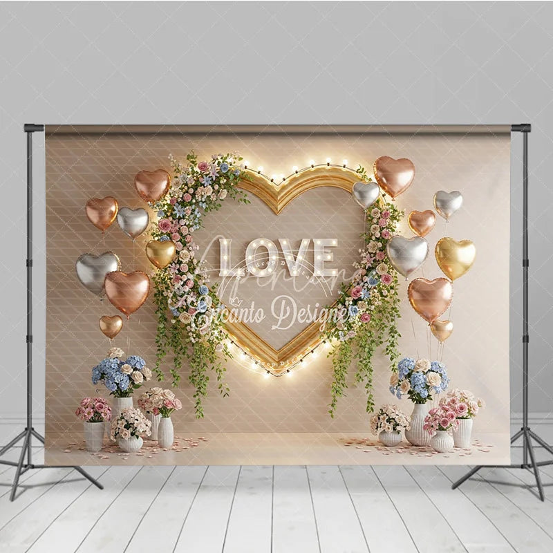 Aperturee - Aperturee Valentine’s Day Photography Backdrop Gold Heart Frame Marquee Light Background Floral Love Photo Prop