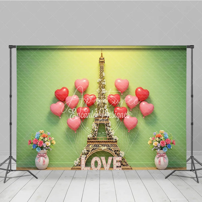 Aperturee - Aperturee Valentine’s Day Photography Backdrop Green Wall Eiffel Tower Heart Background Spring Love Photo Prop
