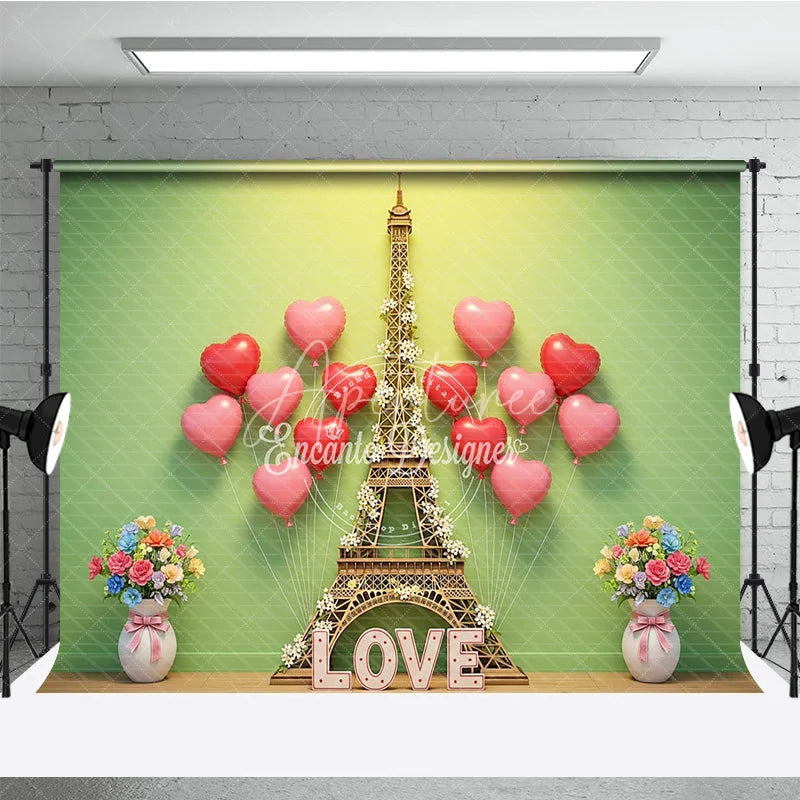 Aperturee - Aperturee Valentine’s Day Photography Backdrop Green Wall Eiffel Tower Heart Background Spring Love Photo Prop