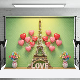 Aperturee - Aperturee Valentine’s Day Photography Backdrop Green Wall Eiffel Tower Heart Background Spring Love Photo Prop