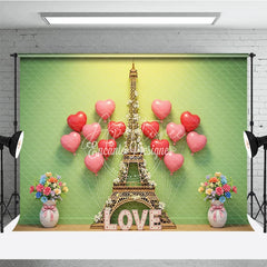 Aperturee - Aperturee Valentine’s Day Photography Backdrop Green Wall Eiffel Tower Heart Background Spring Love Photo Prop