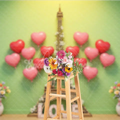 Aperturee - Aperturee Valentine’s Day Photography Backdrop Green Wall Eiffel Tower Heart Background Spring Love Photo Prop