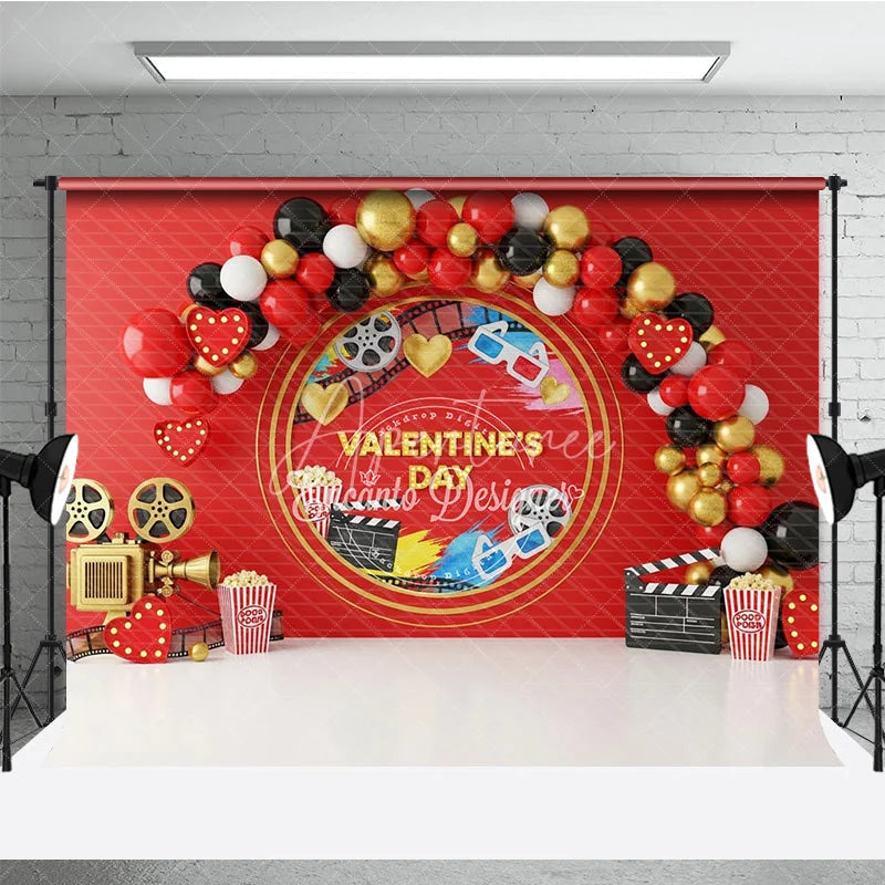Aperturee - Aperturee Valentine’s Day Photography Backdrop Movie Night Cinema Popcorn Background Red Film Reel Photo Prop