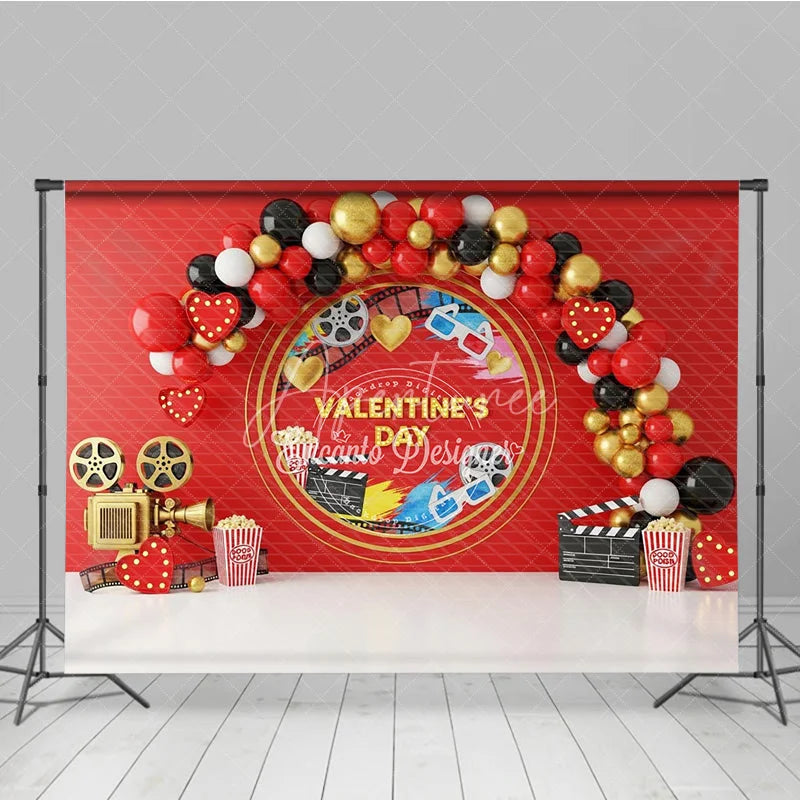 Aperturee - Aperturee Valentine’s Day Photography Backdrop Movie Night Cinema Popcorn Background Red Film Reel Photo Prop