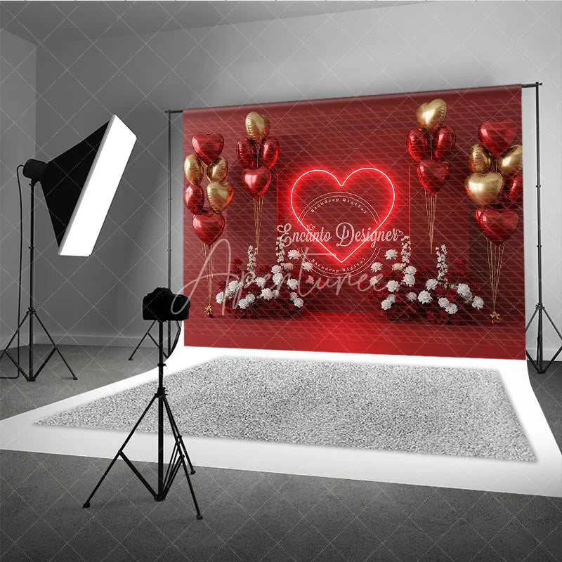 Aperturee - Aperturee Valentine’s Day Photography Backdrop Neon Heart Red Gold Balloon Background Love Date Photo Prop