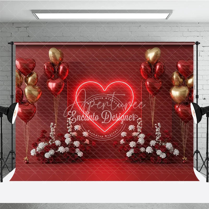Aperturee - Aperturee Valentine’s Day Photography Backdrop Neon Heart Red Gold Balloon Background Love Date Photo Prop