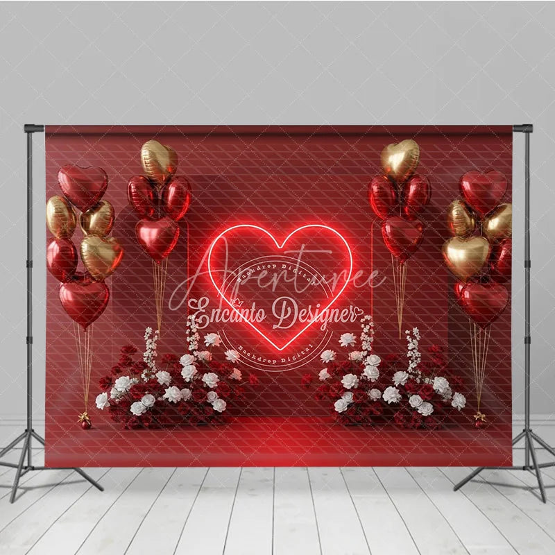 Aperturee - Aperturee Valentine’s Day Photography Backdrop Neon Heart Red Gold Balloon Background Love Date Photo Prop