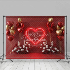 Aperturee - Aperturee Valentine’s Day Photography Backdrop Neon Heart Red Gold Balloon Background Love Date Photo Prop