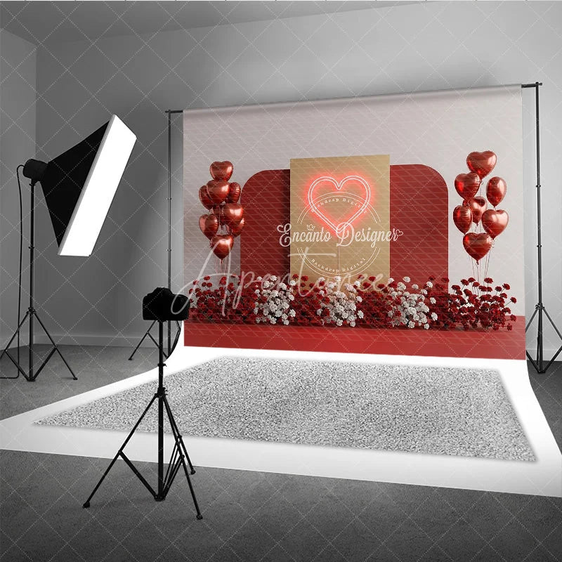 Aperturee - Aperturee Valentine’s Day Photography Backdrop Neon Red Heart Light Background Modern Romantic Photo Prop