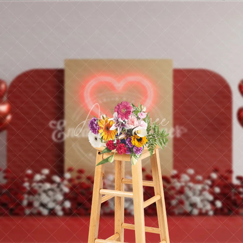 Aperturee - Aperturee Valentine’s Day Photography Backdrop Neon Red Heart Light Background Modern Romantic Photo Prop