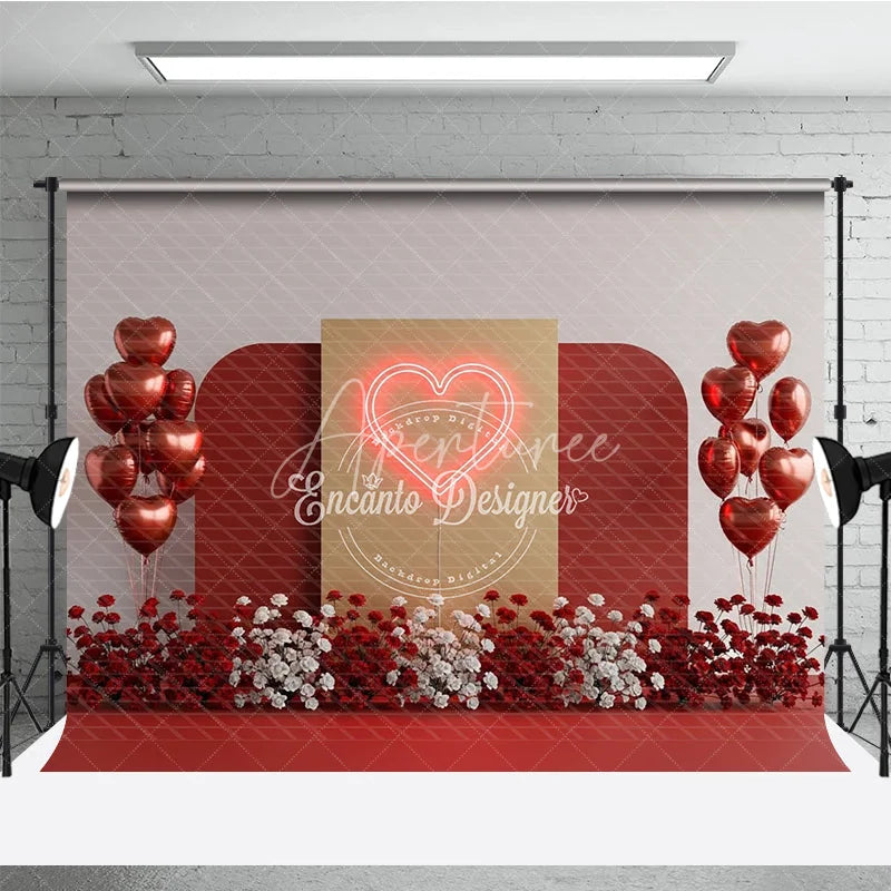 Aperturee - Aperturee Valentine’s Day Photography Backdrop Neon Red Heart Light Background Modern Romantic Photo Prop