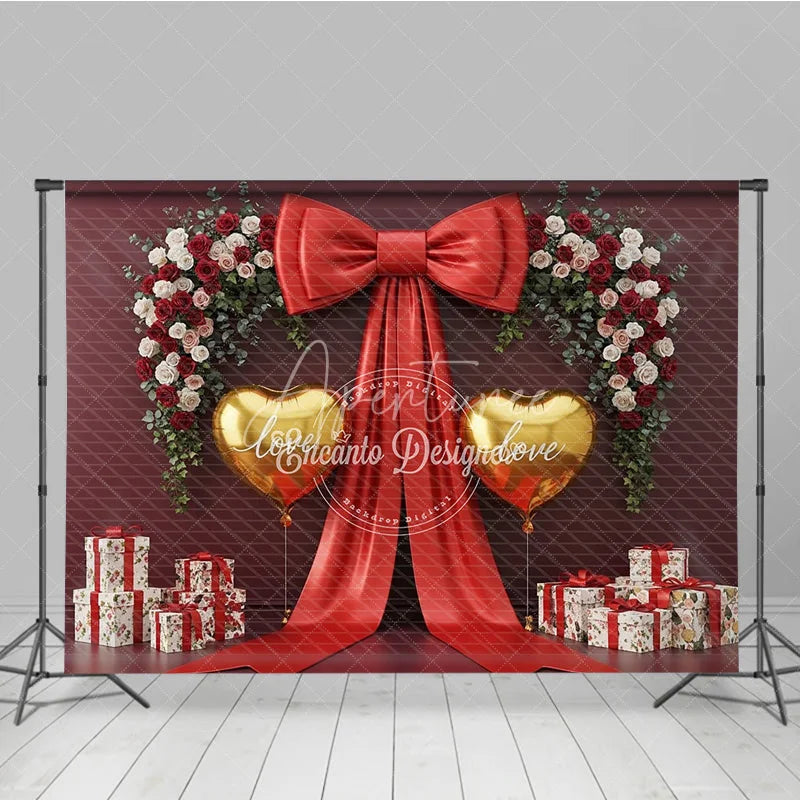 Aperturee - Aperturee Valentine’s Day Photography Backdrop Red Bow Gold Heart Balloon Background Luxury Gift Photo Prop